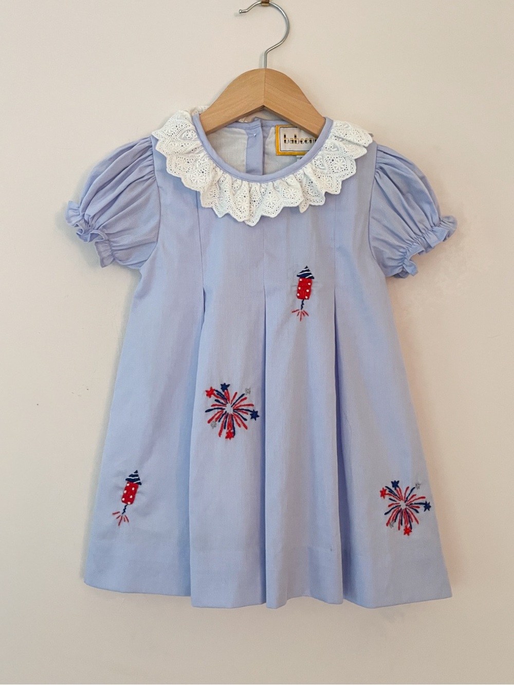 BABEENI EUC Pale Blue Patriotic Embroidered Firework Eyelet Lace Collar Dress